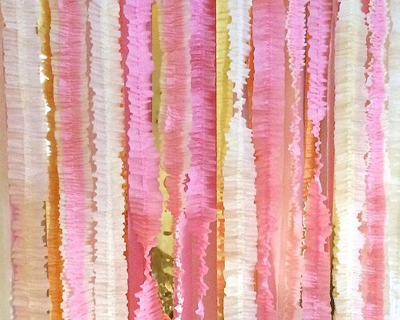 Wedding - Ivory Pink And Gold Ruffled Streamer Backdrop - Photography Photo Booth Backdrop - Birthday Holiday Mitzvah Wedding Party Decor