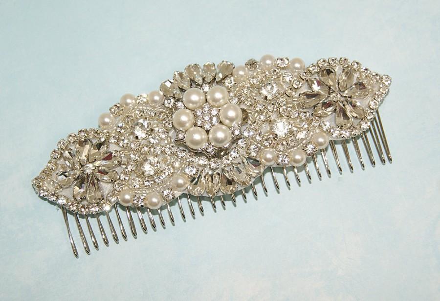 Свадьба - Large Rhinestone Pearl Fascinator Wedding Hairpiece Bridal Comb Art Deco Headband