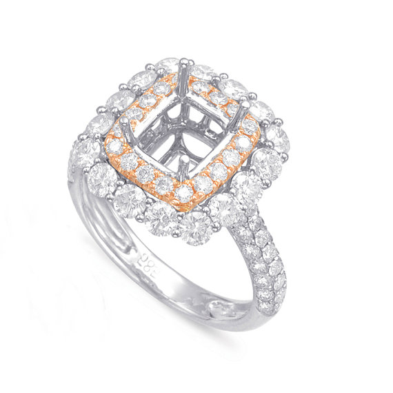 زفاف - 7x5mm Diamond Emerald Semi-Mount Double Halo Engagement Ring Semi-Mount in 14k Two Tone, Rose Gold Engagement Rings for Women, GIA Diamond Or Moissanite Choice