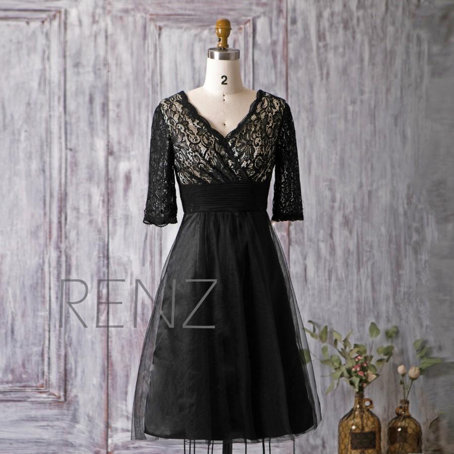 Wedding - 2016 Black Bridesmaid Dress Short, Lace Mesh Wedding Dress, V Neck Prom Dress, Short Sleeves A Line Evening Gown Mother Of Bride MOB (HS149)