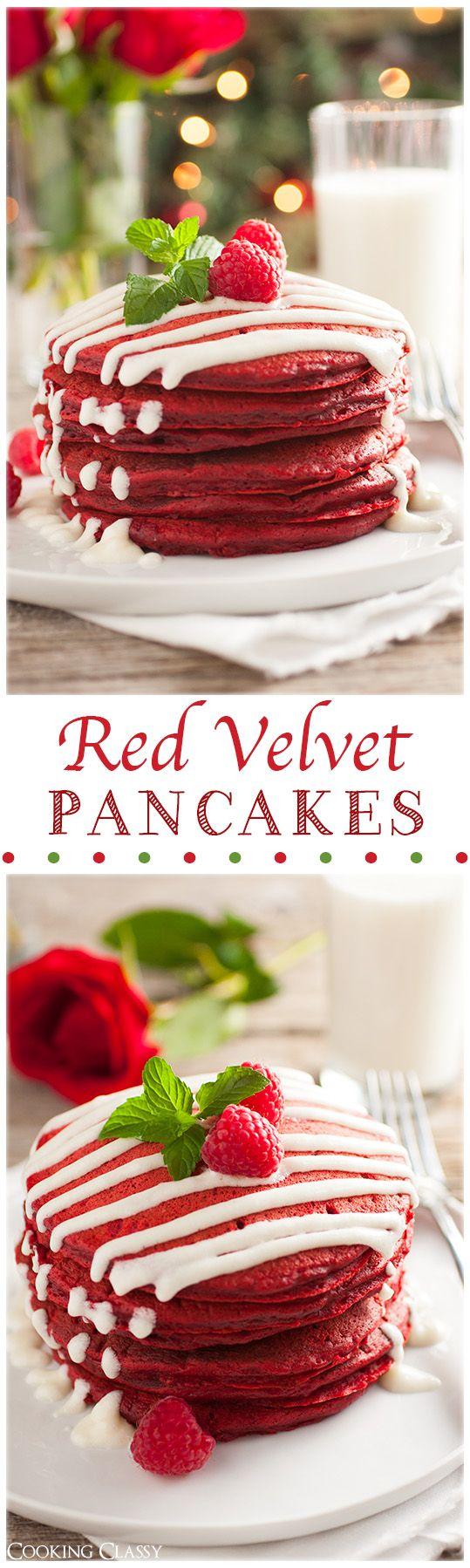 Hochzeit - Red Velvet Pancakes With Cream Cheese Glaze (Perfect For Christmas)