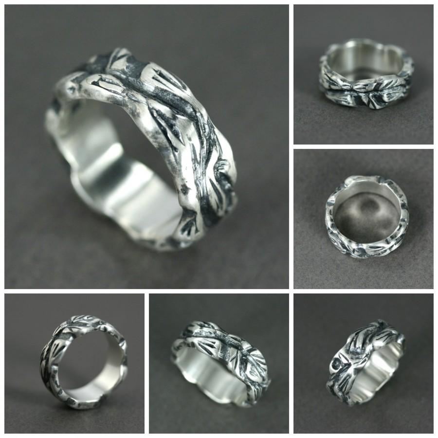 Wedding - Textured vegetables ring, Leaves, Unisex, Maple bark silver ring, Wood grain wedding ring, Mountain silver ring 8 mm, Rustic silver ring