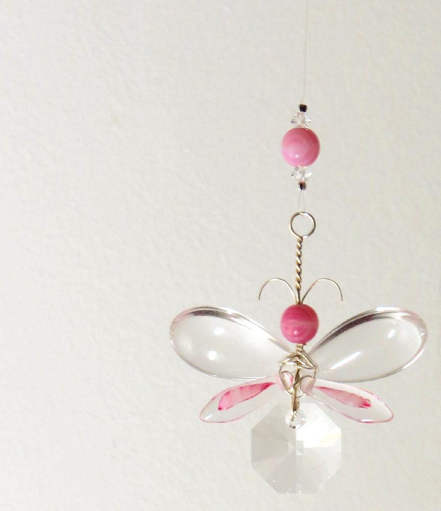 Mariage - Swarovski Crystal Suncatcher Easter Decor Pink Butterfly Decor Fairy Ornament Rear View Mirror Charm Guardian Angel Charm Easter Girls Gift