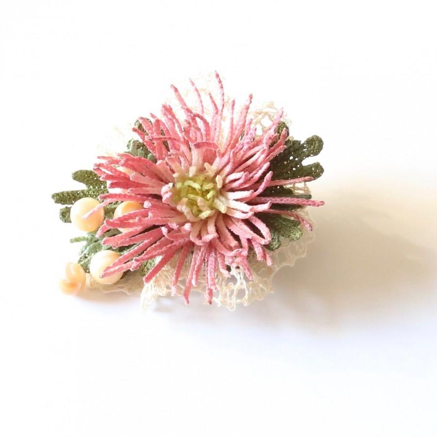 Wedding - Crochet brooch with dusty pink flower and mother of pearl beads, crochet art, micro crochet, OOAK