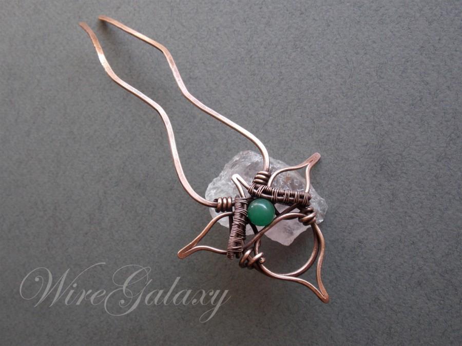 Wedding - Hair pin made of copper with  chrysoprase natural stone in wire wrap art technique. Accessories for hair. Magic jewelry
