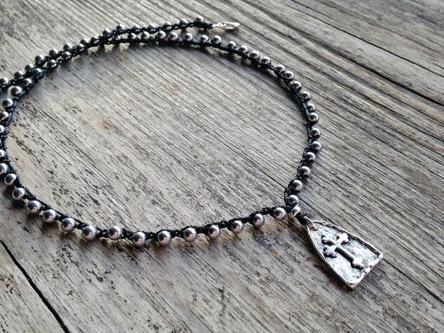 Wedding - Crochet hematite bead necklace with silver plated cross pendant