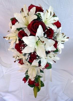 Wedding - Teardrop Wedding Bouquet, Ivory Lillies, Burgundy Roses, Pearl Loops