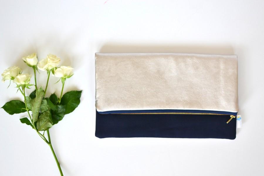 Mariage - Navy Bridesmaid Clutch, Navy Evening Bag, Bridesmaid Gift Clutch Set, Navy Wedding Clutch, Metallic Leather Clutch, Navy Foldover Clutch