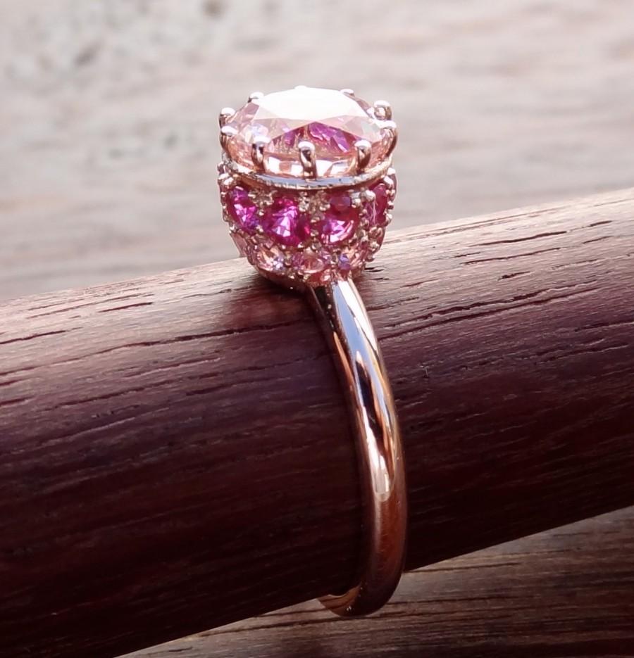Mariage - Morganite Crown Solitaire Rose Gold Engagement Ring Vintage / Antique Style Basket with Rubies / Pink Sapphire 14k