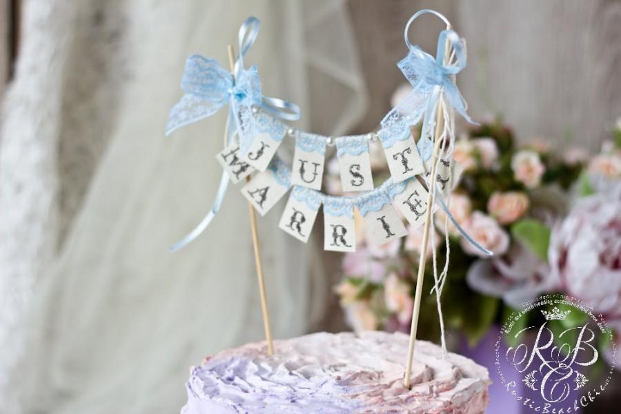 Hochzeit - Blue SMALL Lace Just Married Wedding Cake Topper Banner with pearls