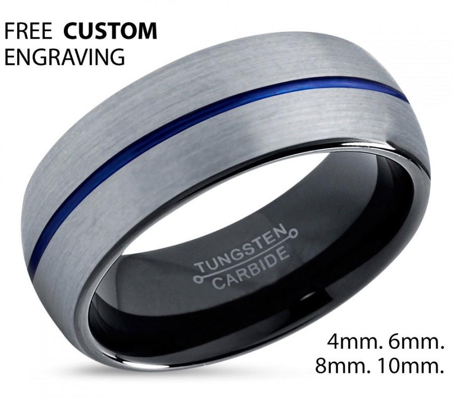 Wedding - Tungsten Brushed Silver Blue Ring  Wedding Band Ring Tungsten Carbide 8mm Ring Man Wedding Band Male Women Anniversary Matching