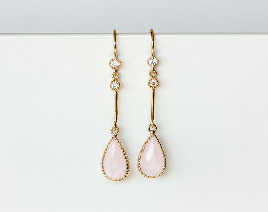 Hochzeit - Pink crystal earrings, CZ crystal earrings, Gold wedding Jewelry, Gold jewelry, Wedding earrings, Earrings Blush Pink, Crystal earrings.