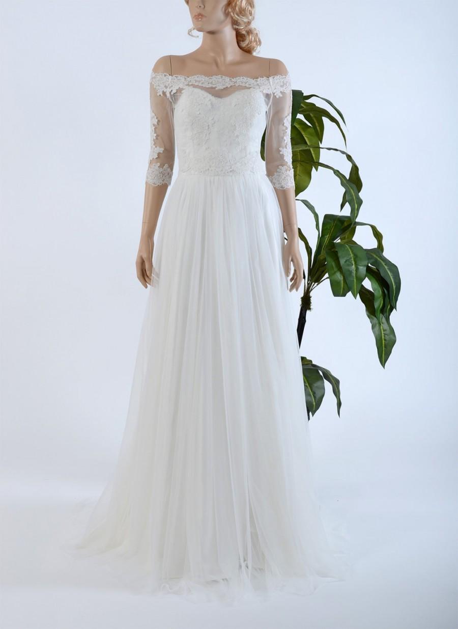 Hochzeit - Lace wedding dress with off shoulder lace bolero on tulle