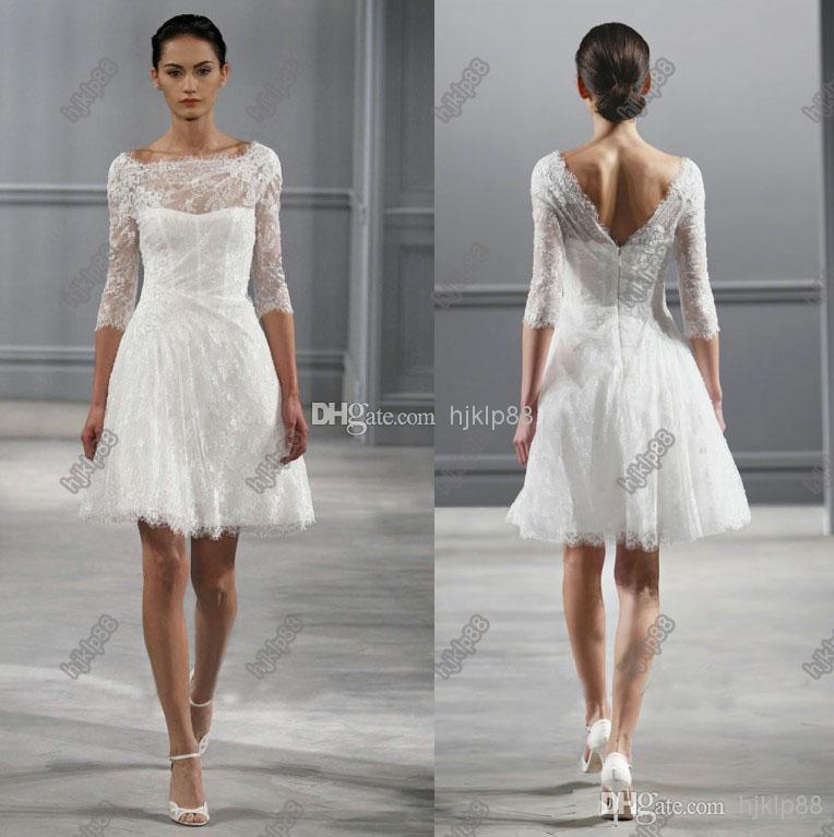 Mariage - Illusion Bateau Neck 3/4 Sleeves Monique Lhuillier Spring 2014 Short Wedding Dresses Knee Length Beach Backless Wedding Dress Little White 2014 Online with 115.66/Piece on Hjklp88's Store 