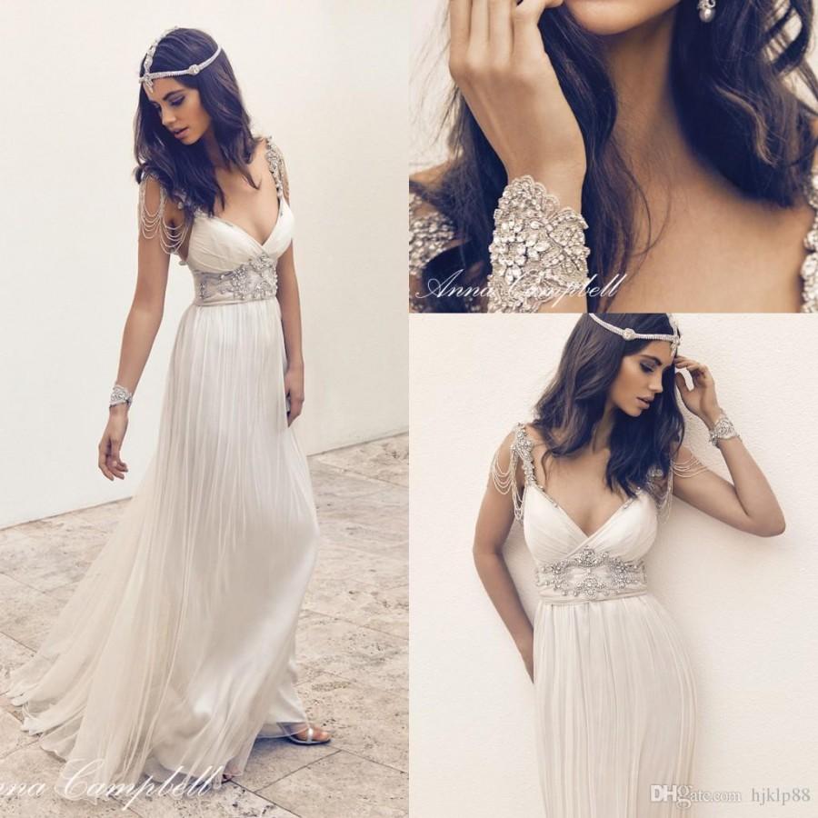 زفاف - Anna Campbell Sexy V-neck Beaded Ruched A-line Wedding Dresses 2016 Backless Floor Length Chiffon Custom Made Bridal Gowns Online with 142.86/Piece on Hjklp88's Store 