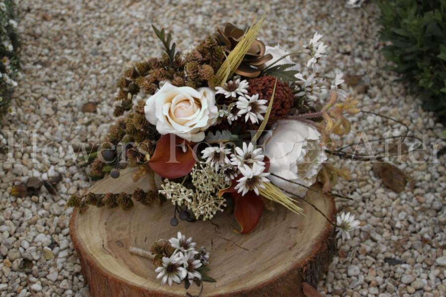 زفاف - Imogen, Fall/Autumn, Rustic Bridal Bouquet & Boutonniere Set, Peony, Daisy, Pine cone Textured Posy