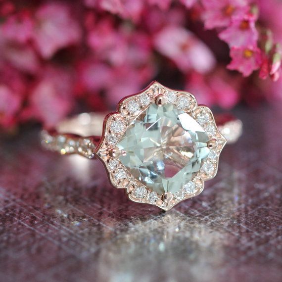 زفاف - Rose Gold Green Amethyst Diamond Engagement Ring In Vintage Floral Scalloped Diamond Wedding Band 14k Gold 8x8mm Cushion Green Gemstone Ring
