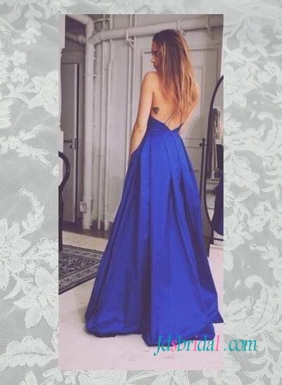 زفاف - sexy v neckline criss cross strpas low back blue prom dress