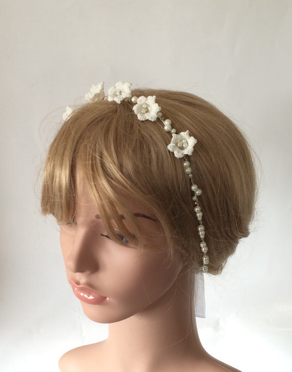 Mariage - Bridal Crochet Hair Wrap, Beaded Headband, Wedding Boho Hair Jewelry, Flowers Headpiece, Crystal Beads and Pearls, Bridesmaid Headpiece