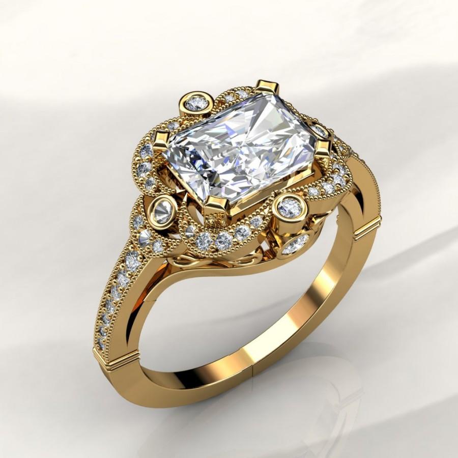 زفاف - 8x6mm Radiant Forever Brilliant Moissanite Halo Engagement Ring with Diamonds (avail. in white gold,rose gold, yellow gold and platinum)