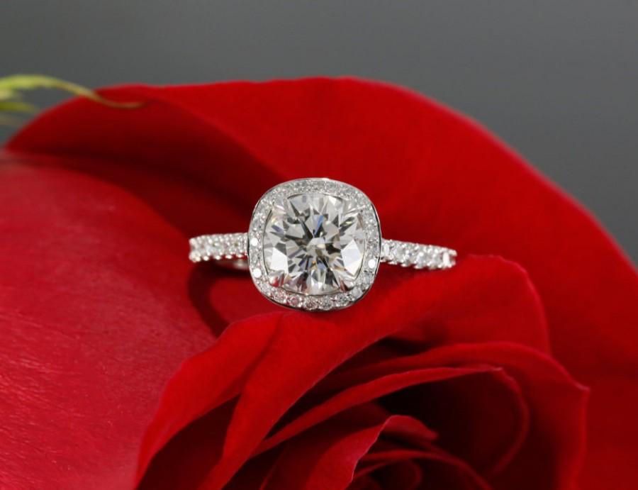 زفاف - 7mm Cushion Forever Brilliant Moissanite Halo Engagement Ring with Diamonds in 14k white gold (avail. in rose, yellow gold and platinum)