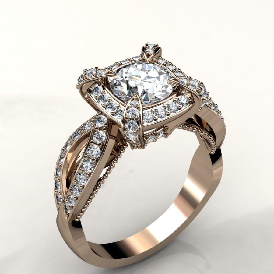 زفاف - 6.5mm Round Forever Brilliant Moissanite and Diamond Halo Engagement Ring (available in white gold, rose gold, yellow gold and platinum)