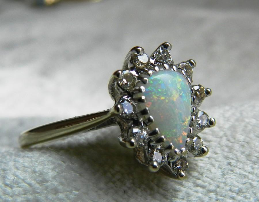 زفاف - Opal Ring Diamond Opal Engagement Ring 14K Diamond Pear Shaped Opal Ring 14K White Gold Genuine Opal Ring October Birthday Gift