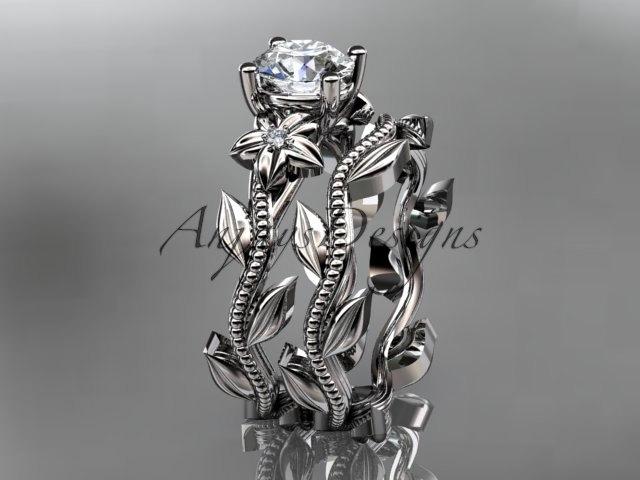 زفاف - Unique Platinum diamond floral wedding ring, engagement set with a "Forever One" Moissanite center stone ADLR238