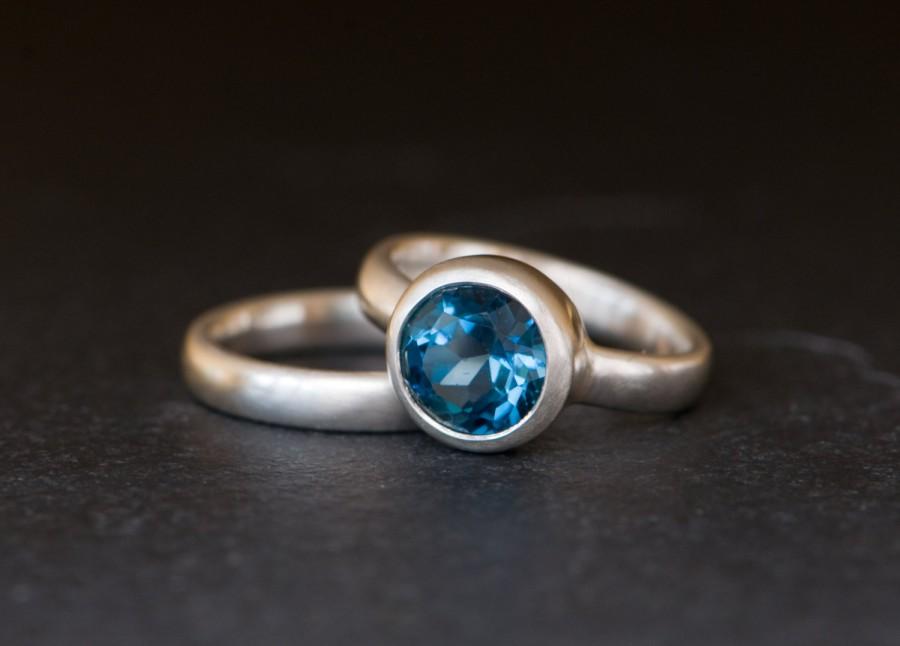 Wedding - Blue Gem Engagement Ring - Blue Topaz Wedding Set - Blue Gem Engagement Ring and Matching Wedding Band - Made to Order - Free shipping