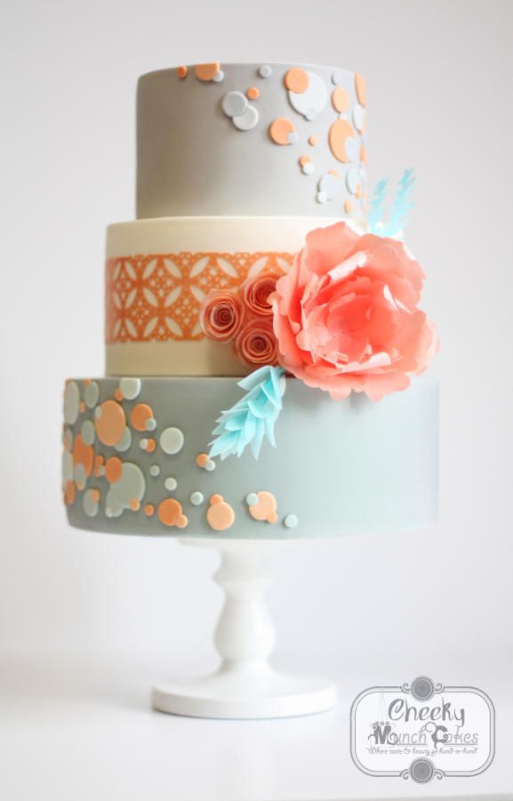 Hochzeit - Peach And Grey Polkadot Wedding Cake With Wafer Paper Flowers