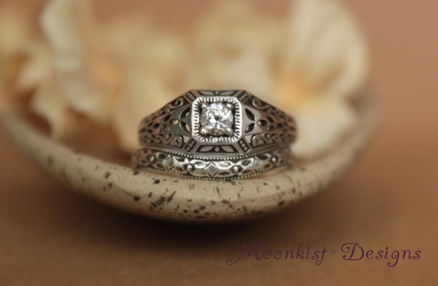 Свадьба - Edwardian Style Moissanite Filigree Wedding Ring Set with Fitted Band in Sterling Silver - Filigree Commitment Ring - Diamond Alternative
