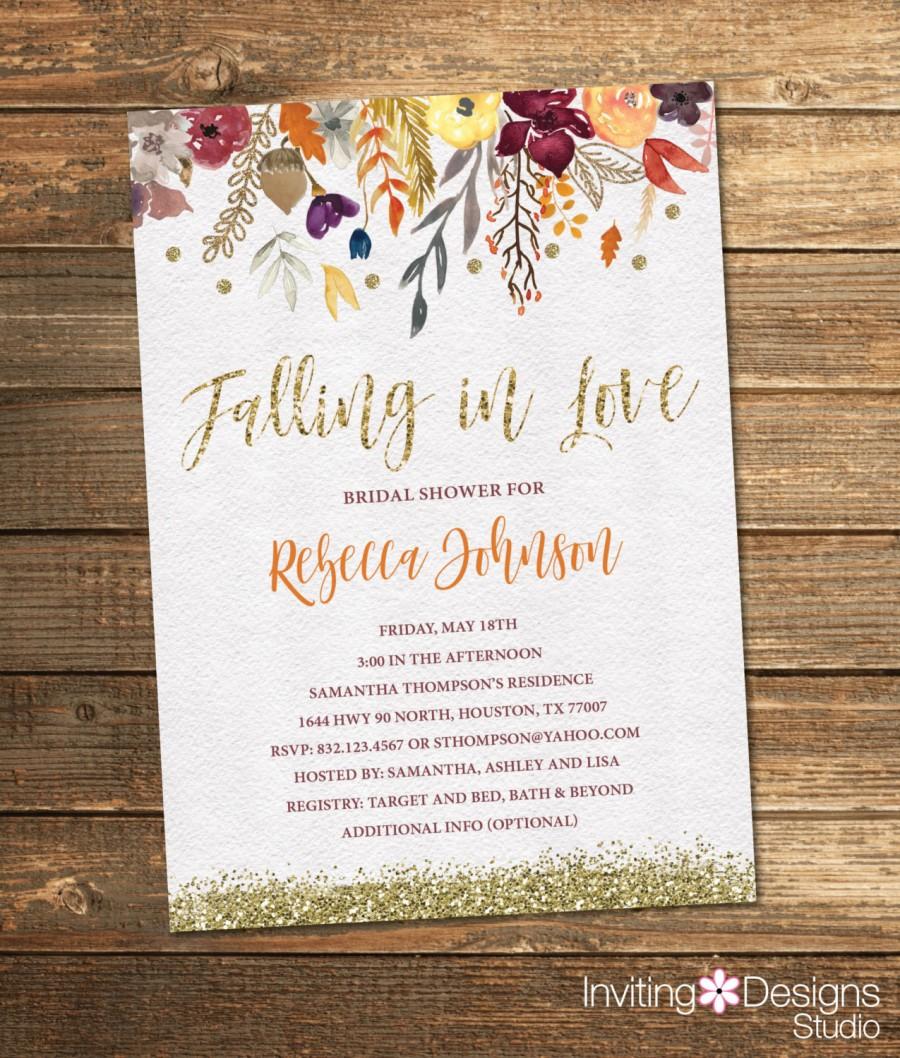 زفاف - Fall Bridal Shower Invitation, Autumn Bridal Shower, Flowers, Watercolor, Floral, Gold Glitter, Vintage (PRINTABLE FILE)