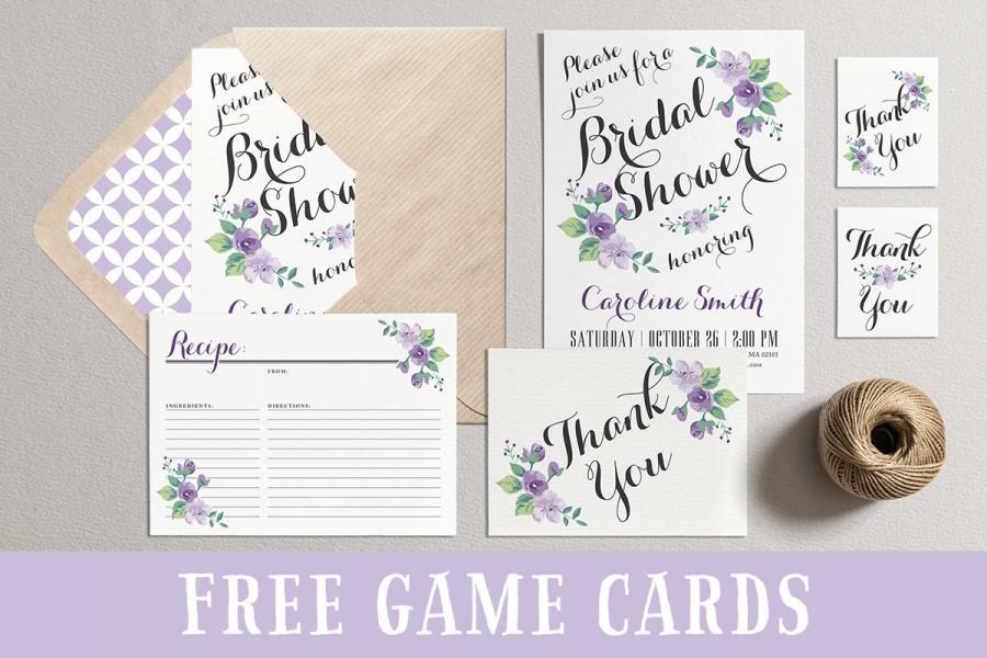 زفاف - Bridal Shower Invitation, Printable Bridal Shower Invites, DIY Shower Party Pack, Bridal Shower Games Favors Tags, Lavender Purple Flowers