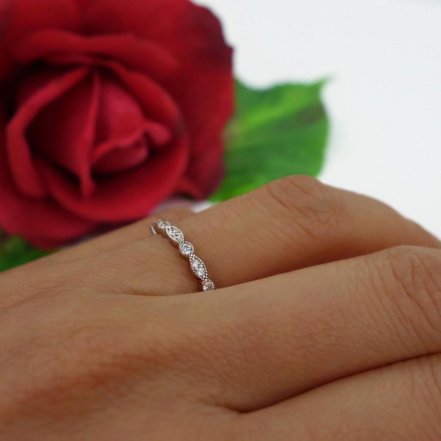 زفاف - Art Deco Full Eternity Ring, Marquise Round Wedding Band, Delicate Engagement Ring, Man Made Diamond Simulant, Stacking, Sterling Silver