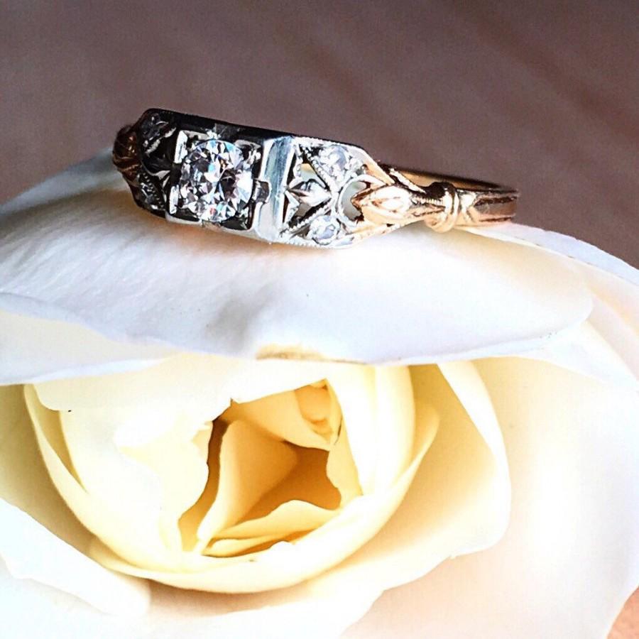 Hochzeit - Art Deco Illusion Set Diamond Engagement Ring, 0.20ctw, Vintage, 14kt white & 18kt yellow gold, engraving, milgrain, size  6.5