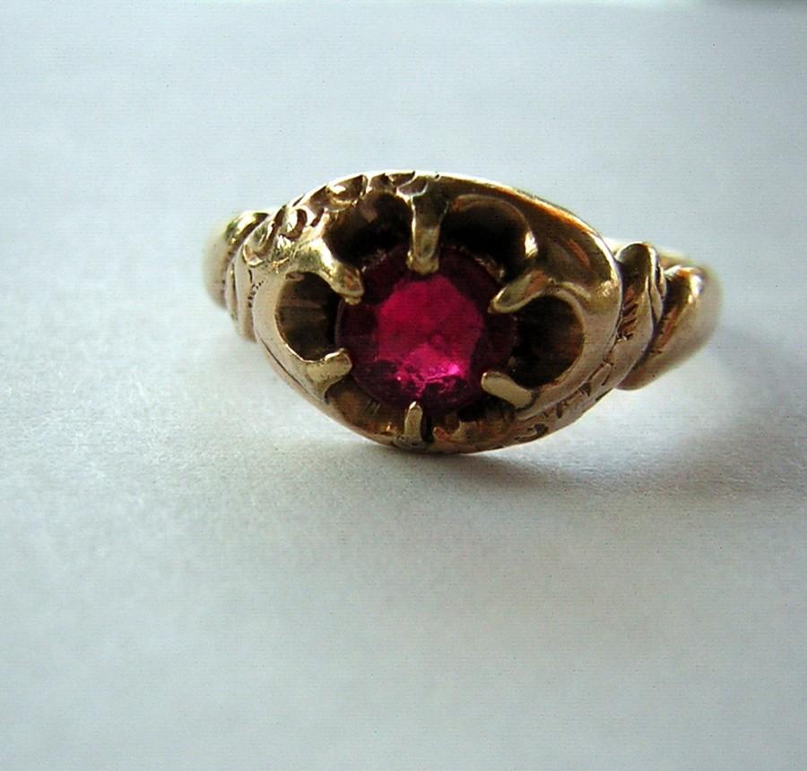Mariage - Antique 1800s Ring Victorian Gold & Spinel Engraved 1894 Sentimental Charming - Size 6