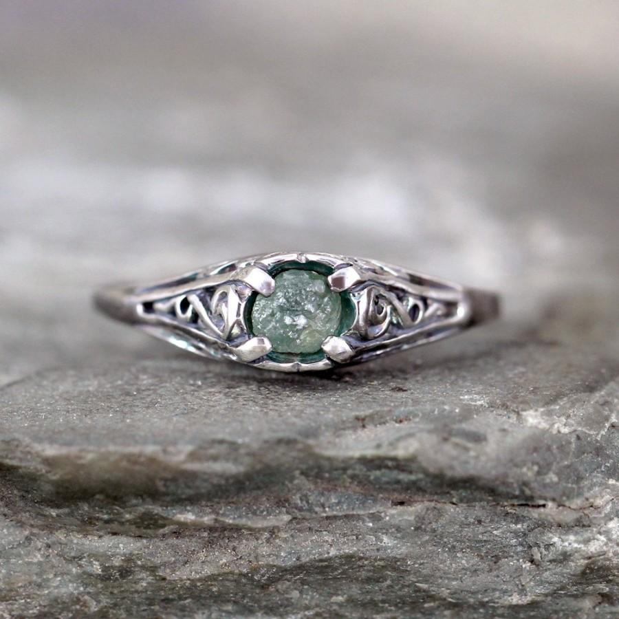 Hochzeit - Antique Style Raw Sapphire Ring - Blue Green Gem - Raw Uncut Rough Montana Sapphire and Sterling Silver Filigree Ring - September Birthstone