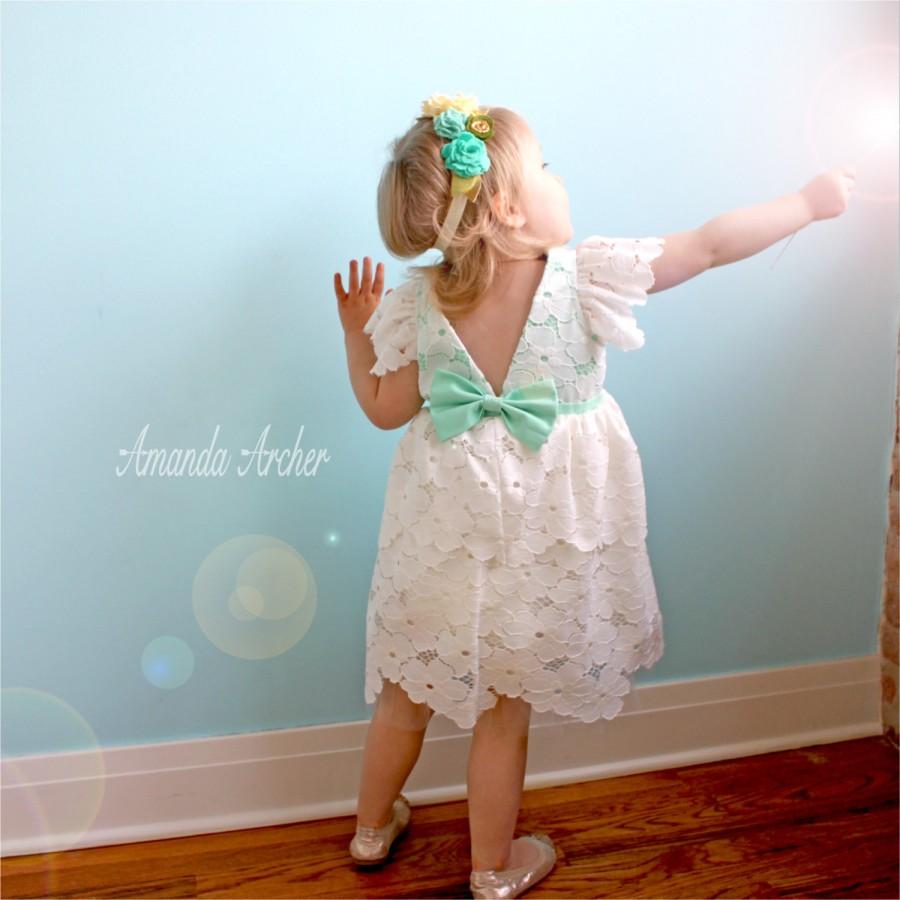 زفاف - Floral Off-White Lace Dress, with Mint for Toddler and Girl, Flower Girl, Baptism, Communion, Special Occasion