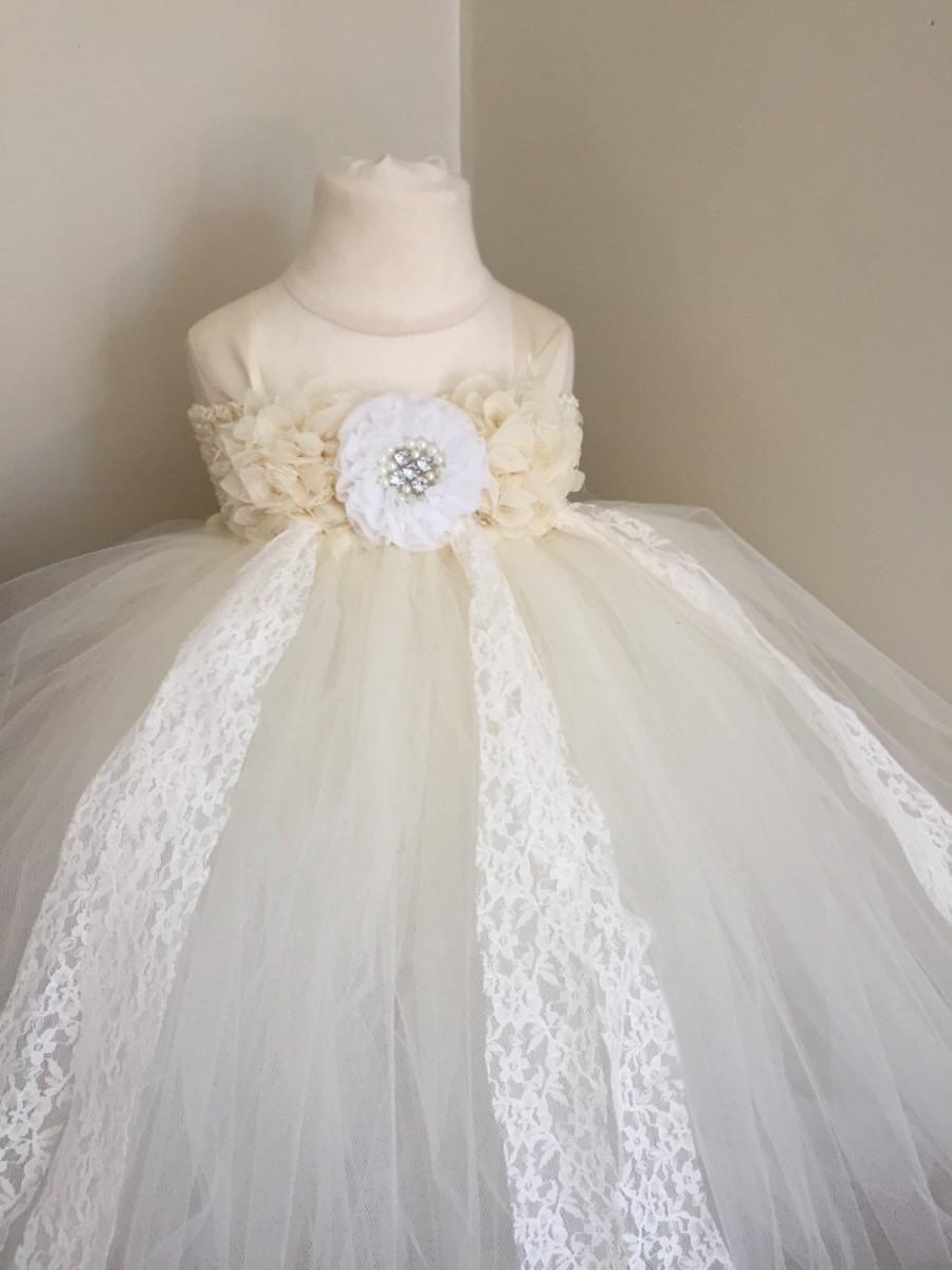 Mariage - Ivory and white flower girl dress, girls white and ivory dress, ivory and white wedding, toddler tulle tutu dress, flower girl dress
