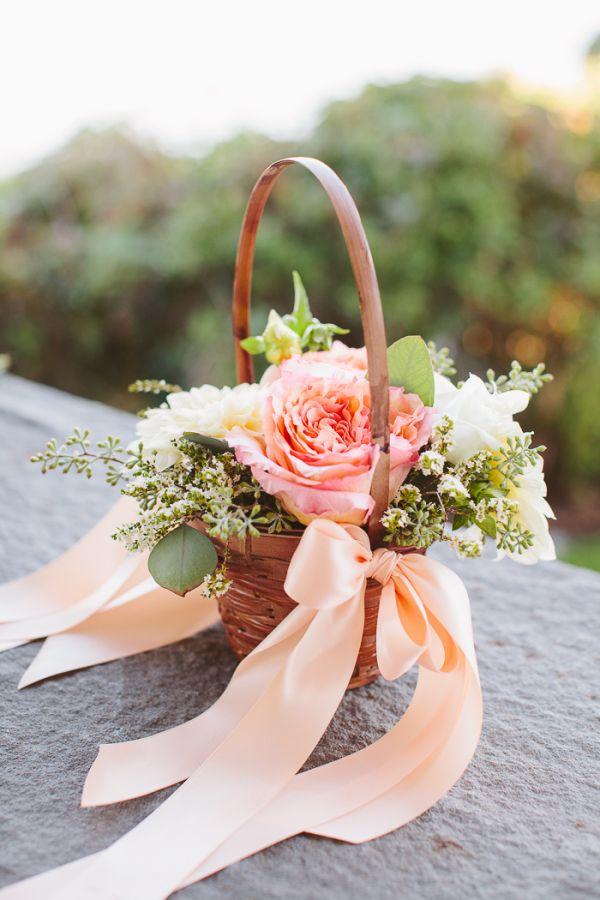 زفاف - Basket With Peach And Green Florals And Peach Ribbon