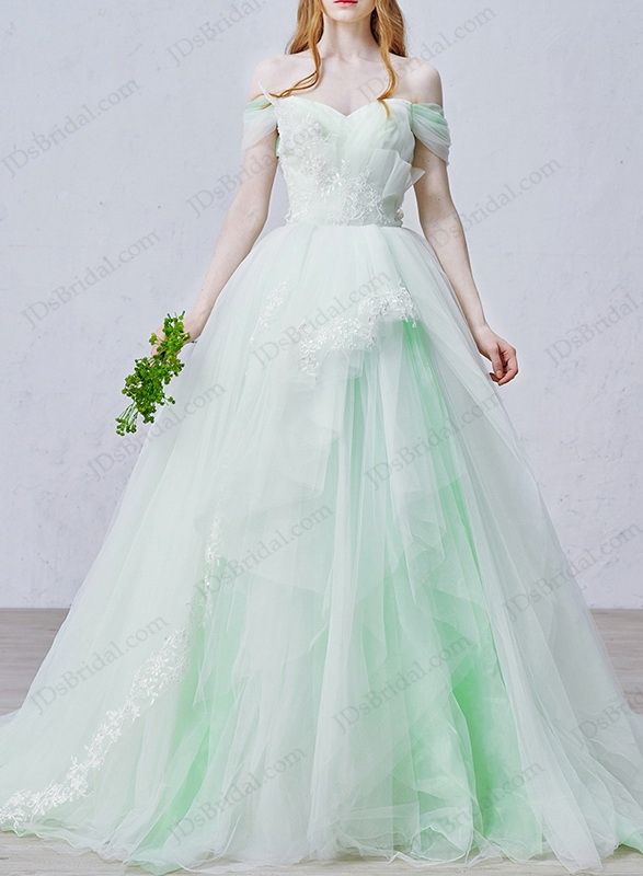 Hochzeit - IS020 Fairy Mint White Off Shoulder Princess Tulle Wedding Dress