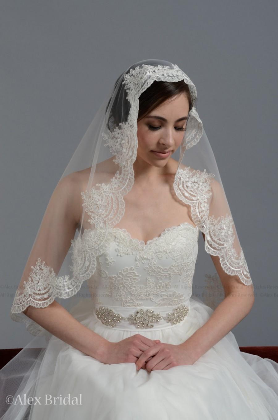 Wedding - Mantilla bridal wedding veil 45x36 elbow white alencon lace
