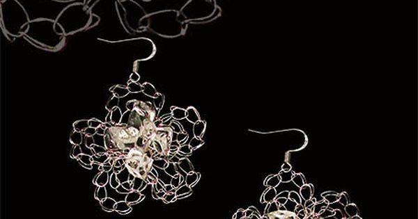 Wedding - Earrings with in Rock Crystal Silver colored Wire Lace Flower Crochet Pendants made of Natural Stone Mountain crystal with Metal Art