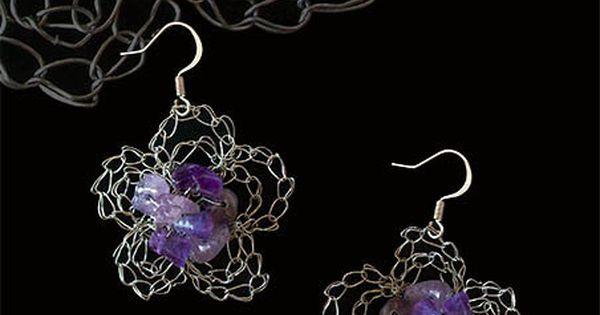Wedding - Earrings Amethyst Natural Stone Jewelry Knitted Flower Lace Wire Silver Color Metal Art Bijouterie