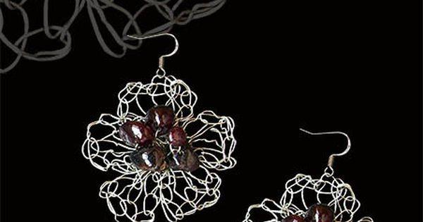 Hochzeit - Earrings Natural Stone Garnet Jewelry Knitted Flower Lace Wire Silver Tone Metal Art Bijouterie