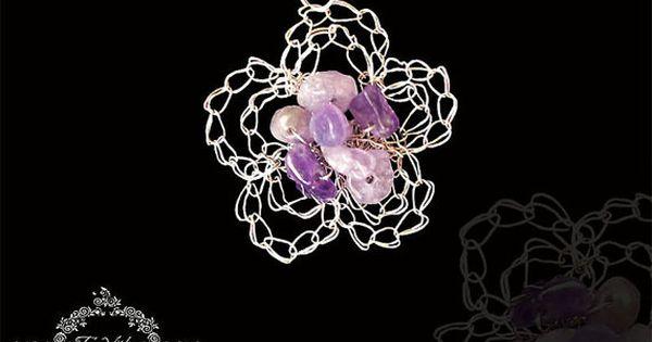Mariage - Amethyst Pendant Flower on a chain Crochet Jewelry Necklace Wire Lace Suspension Silver color with Natural Stone
