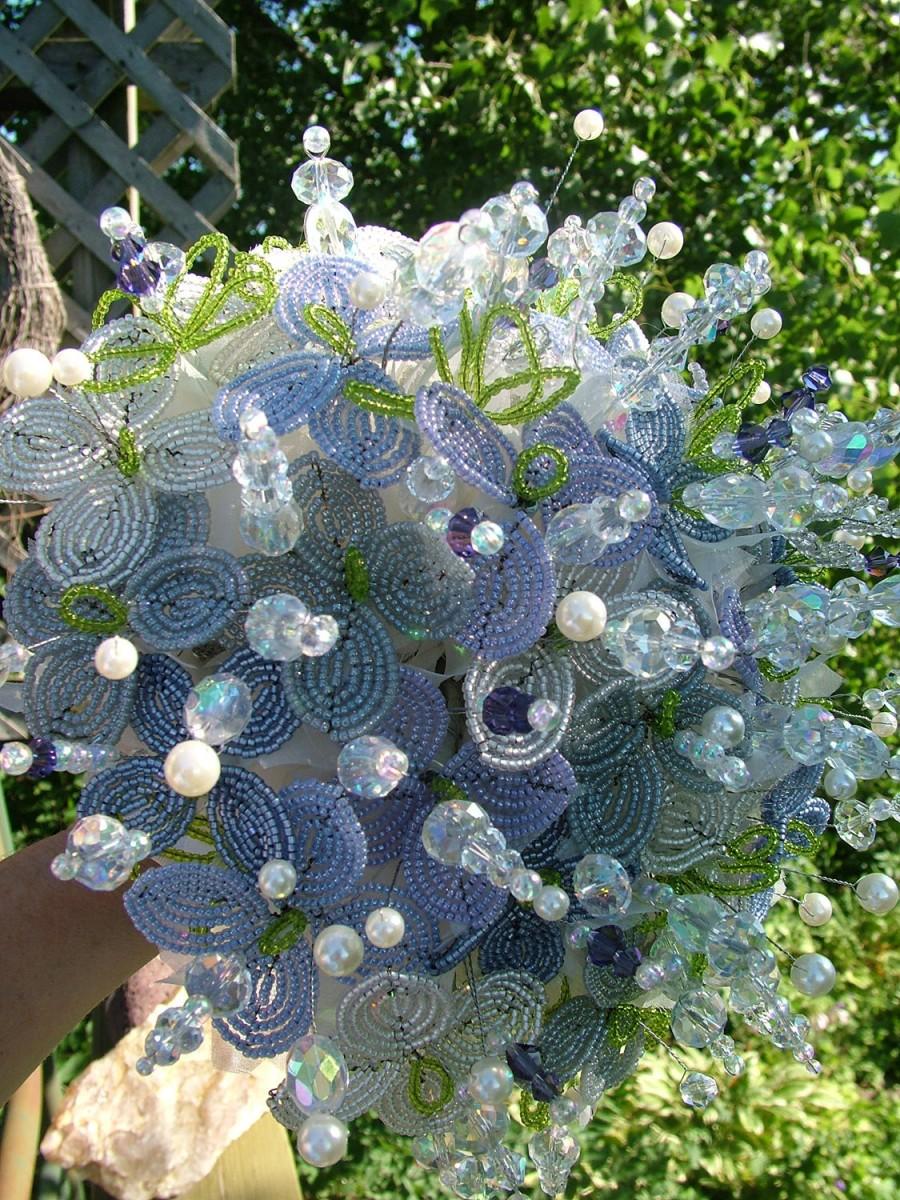 Hochzeit - Beaded wedding bouquet french beaded flowers crystal beads brooch bouquet lavender ivory flowers dress