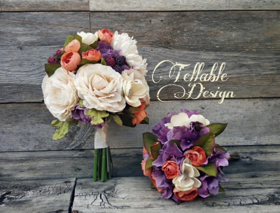 Wedding - Fall wedding bouquet peach, plum, lavender, ivory