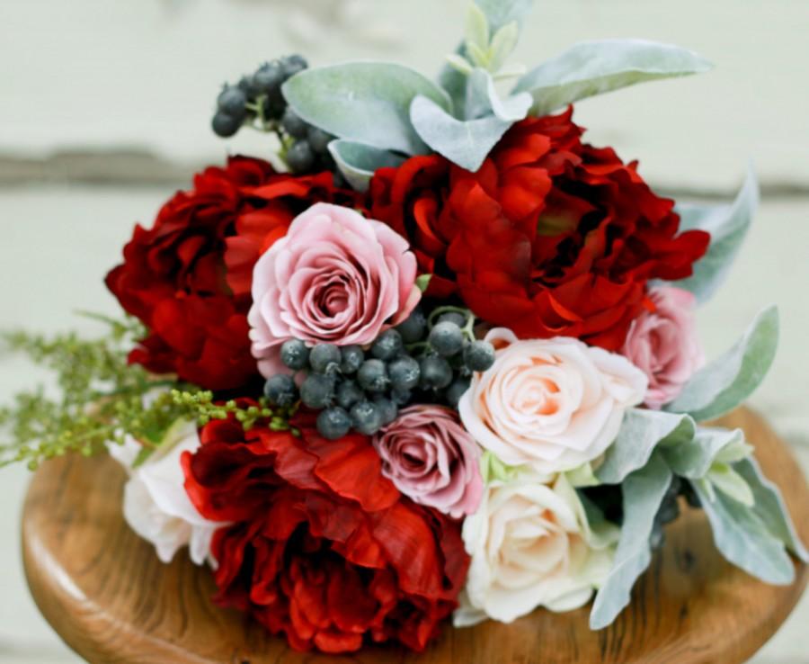 Hochzeit - Marsala and Blush Wedding Bouquet with Peony, Roses, and Berries