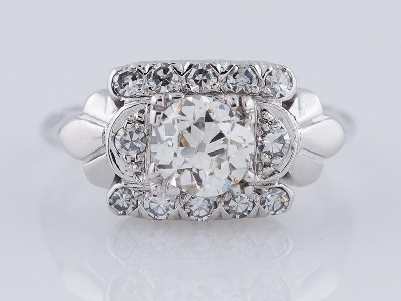 Mariage - Antique Engagement Ring Art Deco .59ct Old European Cut Diamond in Vintage 14k White Gold